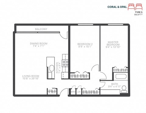 Floor plan for 2 beds, 1 bath, 863 sqft